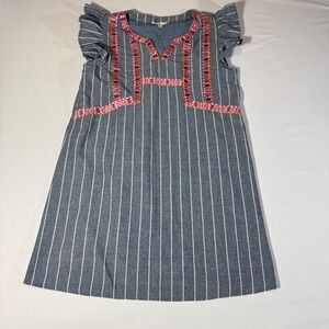 Entro Blue Pinstripe Embroidered Ruffle Sleeve Shift Dress Womens Large D11800